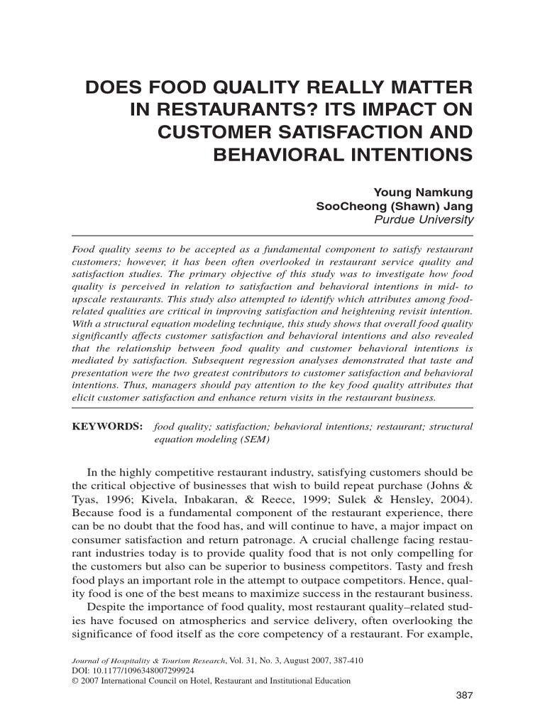 Does Food Quality Really Matters PDF Customer Satisfaction Behavior