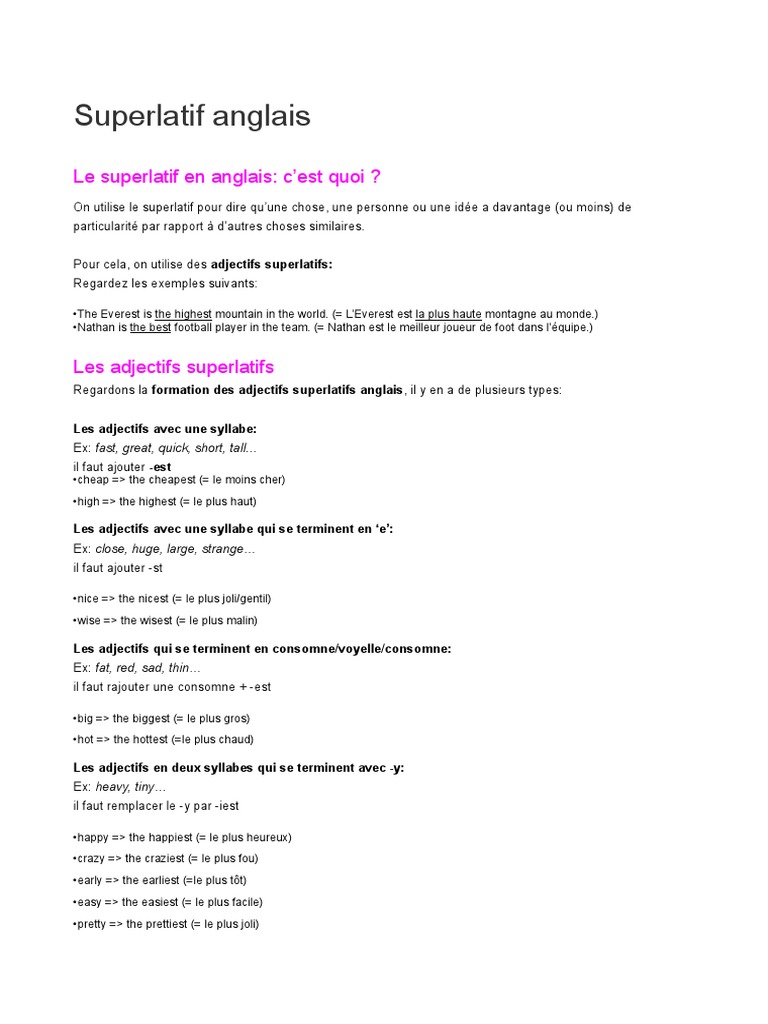 Comparatif Superlatif Anglais Exercice Corrigé Superlatif Anglais PDF | PDF | Langues | Arts du langage et discipline
