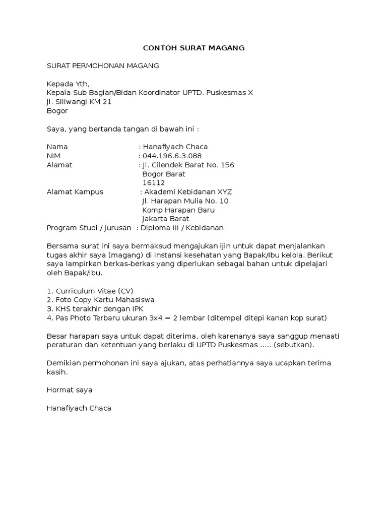 Contoh Surat Magang