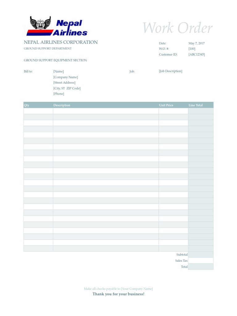 Nepal Airlines Work Order Template | PDF