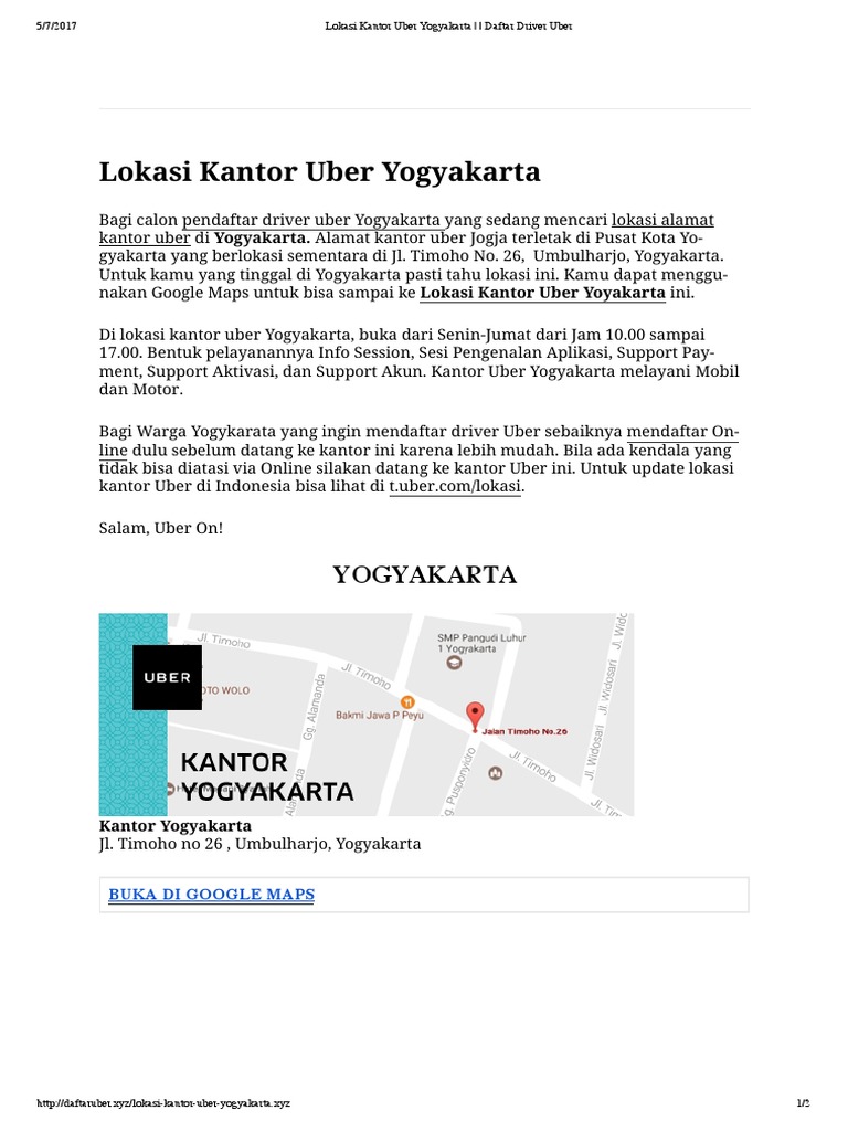 Lokasi Kantor Uber Yogyakarta Daftar Driver Uber