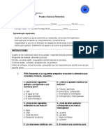 Prueba de Ciencias Naturales sobre Sustancias Puras, Mezclas y Métodos de Separación