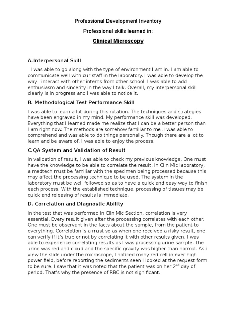 Professional Development Inventory Professional Skills Learned in | PDF