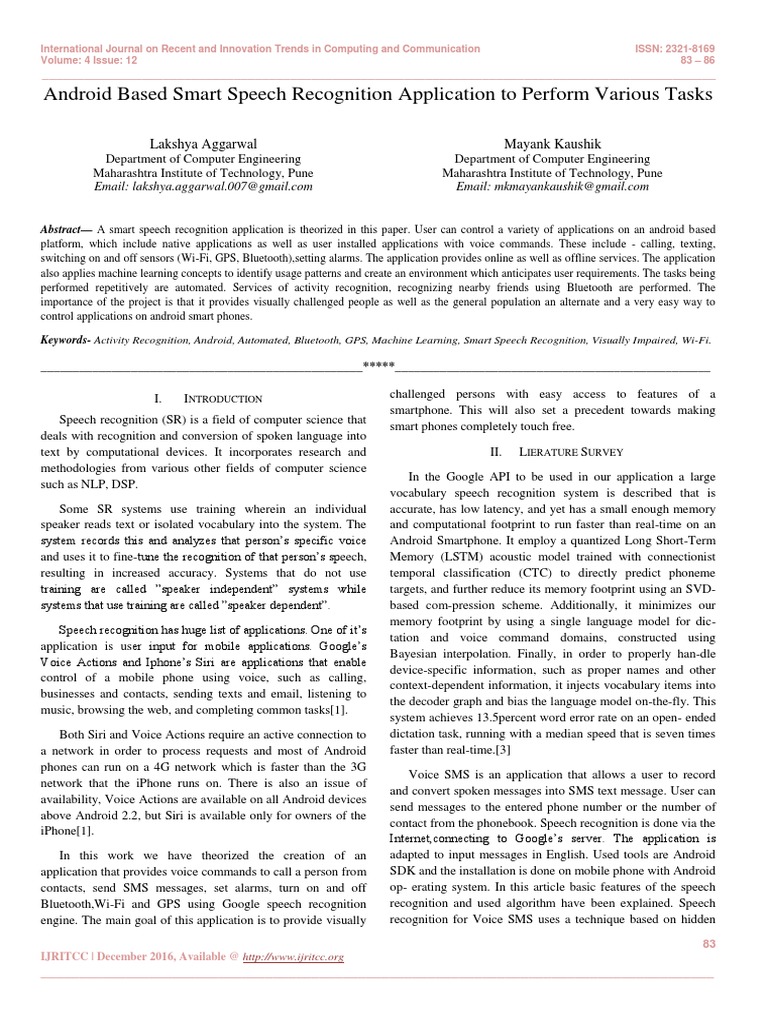 Android Based Smart Speech Recognition Application To Perform Various ...