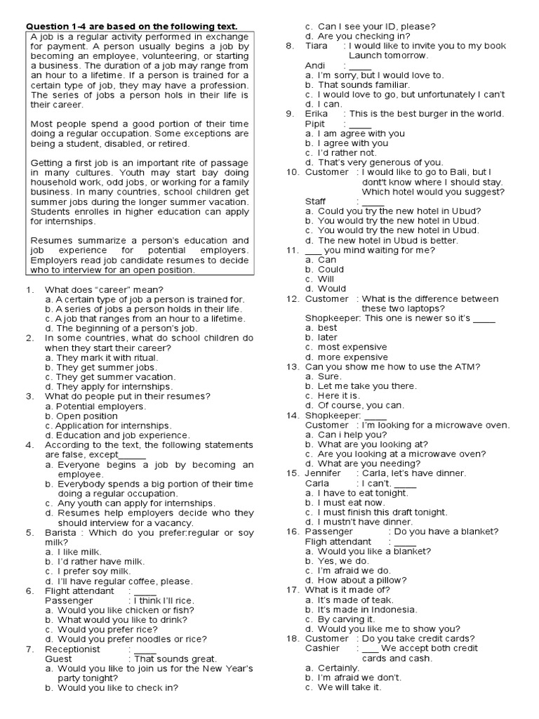 40 Soal Bahasa Inggris Kelas XI SMK Internship Job Hunting