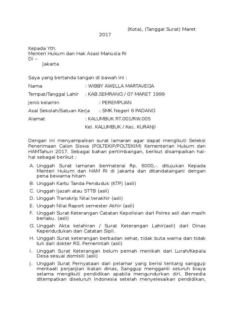 Contoh Surat Contoh Surat Lamaran Untuk Poltekim