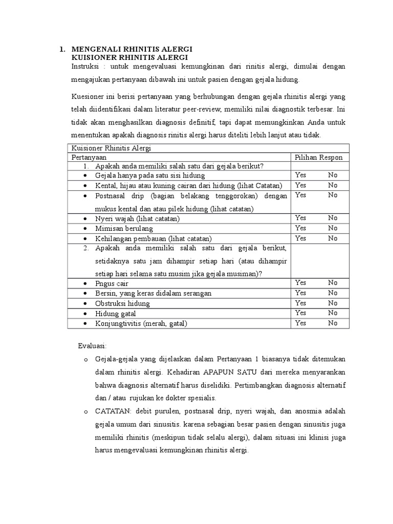 Kuesioner dan Diagnosis Rhinitis Alergi | PDF