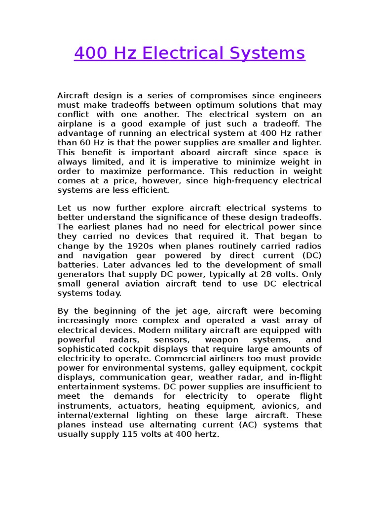 Aircraft 400 Hz Electrical Systems | PDF | Electric Power Transmission ...