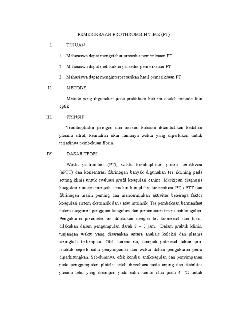 Pemeriksaan Prothrombin Time | PDF