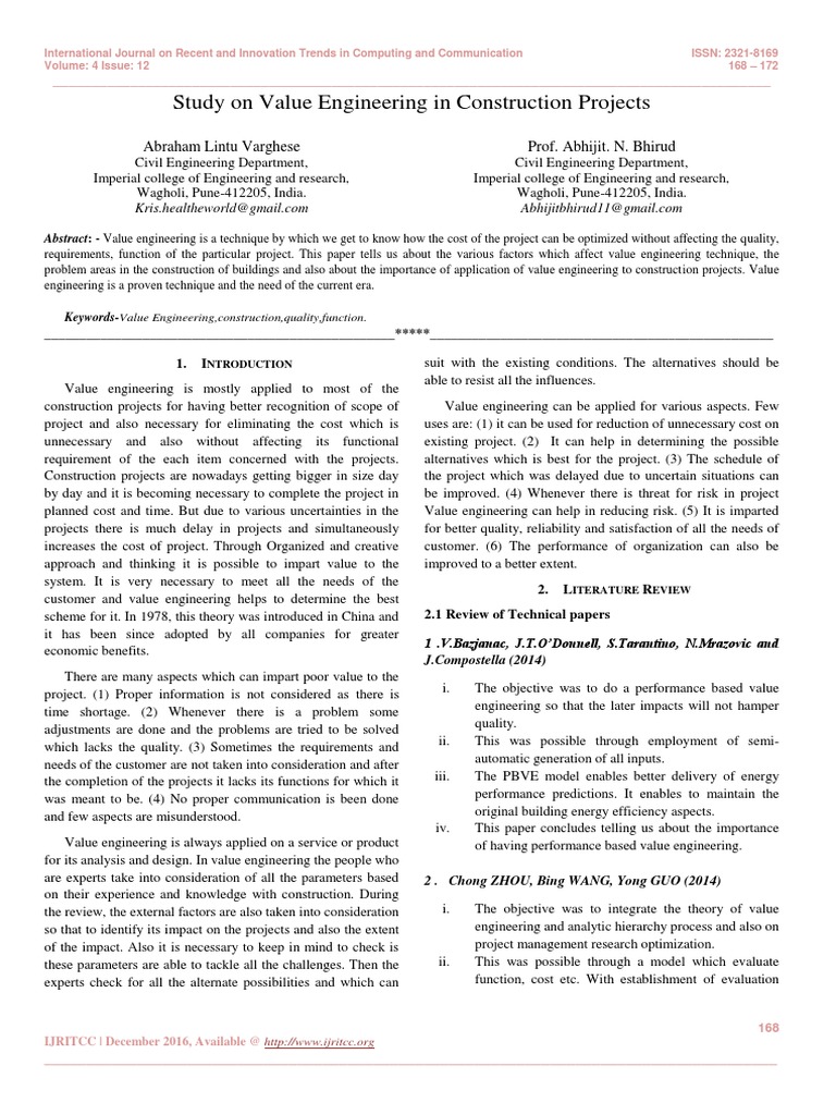 Study On Value Engineering in Construction Projects | PDF