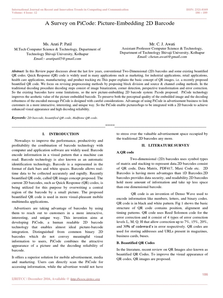 A Survey On Picode Picture Embedding 2d Barcode Qr Code Barcode - 