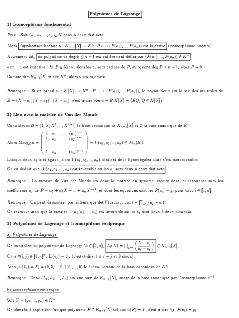 Interpolation de Lagrange et Matrice de Vandermonde | PDF | Matrice ...