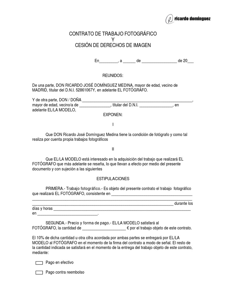Contrato de trabajo fotografico y cesion de derechos de imagen para