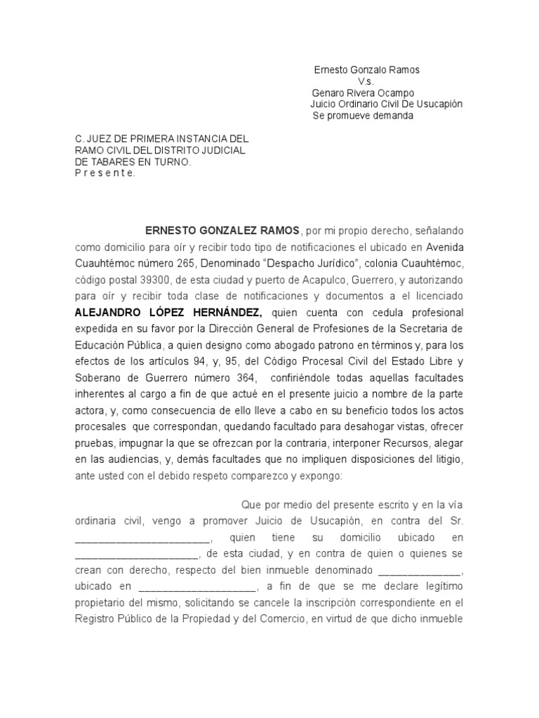 Demanda de Usucapión | PDF | Demanda judicial | Posesión (Ley)