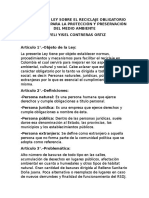 Proyecto de Ley Sobre El Reciclaje Obligatorio en Colombia para La Protección y Preservación Del Medio Ambiente