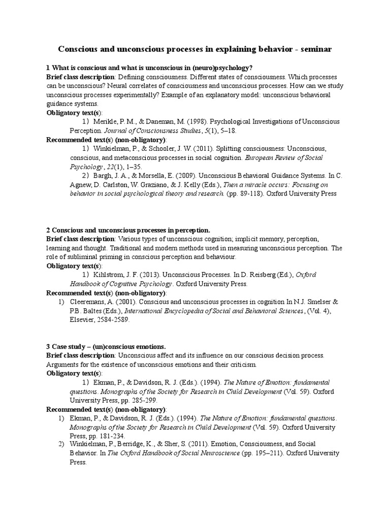 Conscious and Unconscious Processes - Syllabus | PDF | Consciousness ...