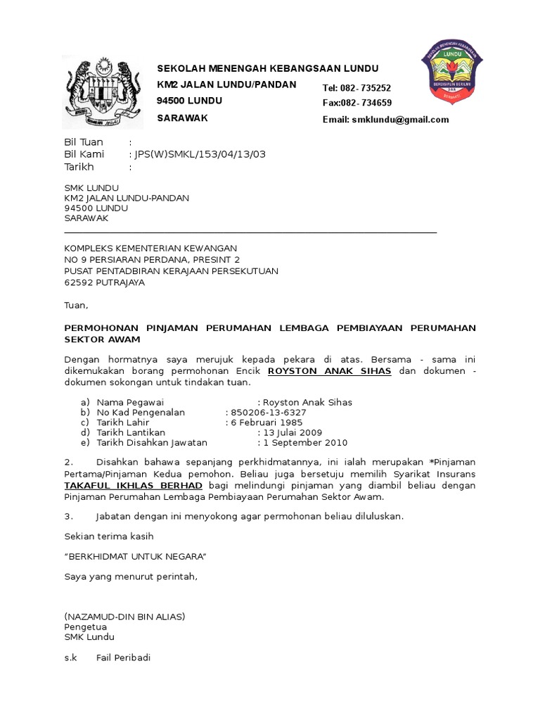 Contoh Surat Permohonan Pembiayaan Perumahan Sektor Awam