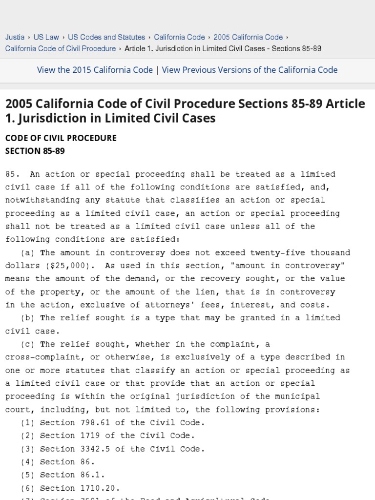 Article 1. Jurisdiction in Limited Civil Cases Sections 8589