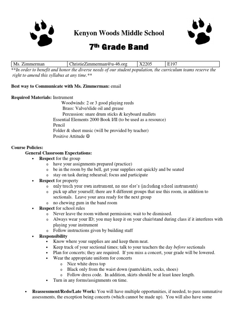 Kwms 7th Grade Band Syllabus PDF