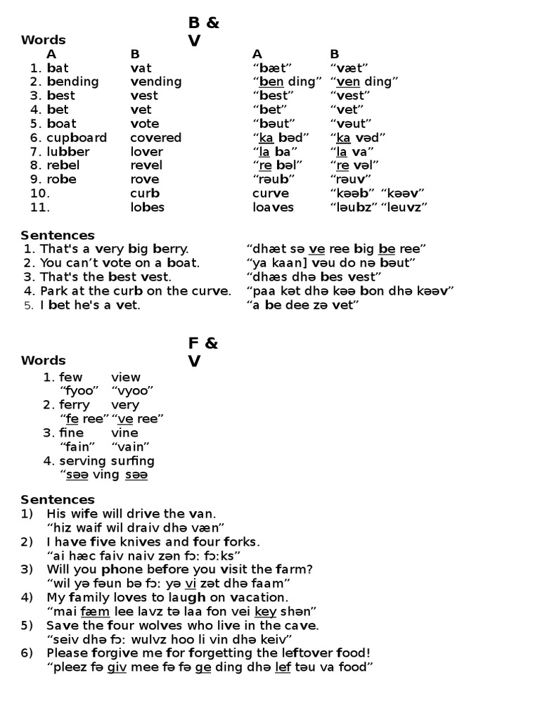 B Vs V And F Vs V Minimal Pairs Pdf