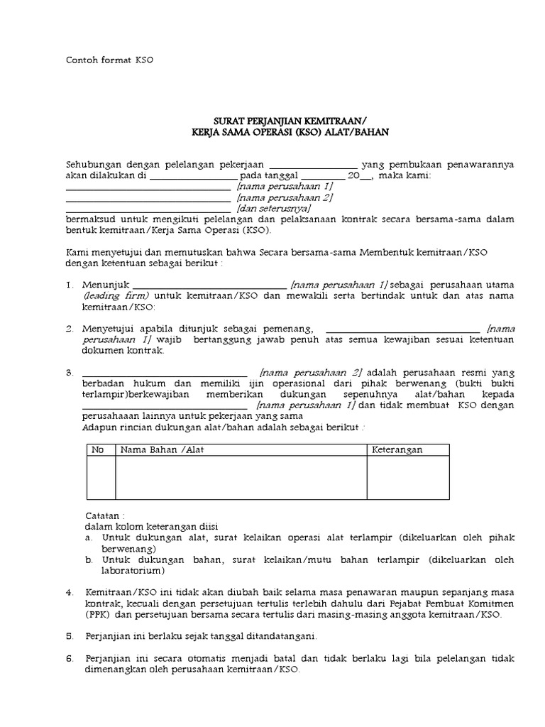 Format Kso Surat Perjanjian Kemitraan