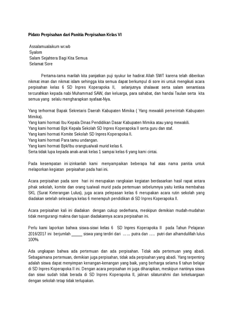 Pidato Perpisahan Dari Panitia Perpisahan Kelas VI PDF