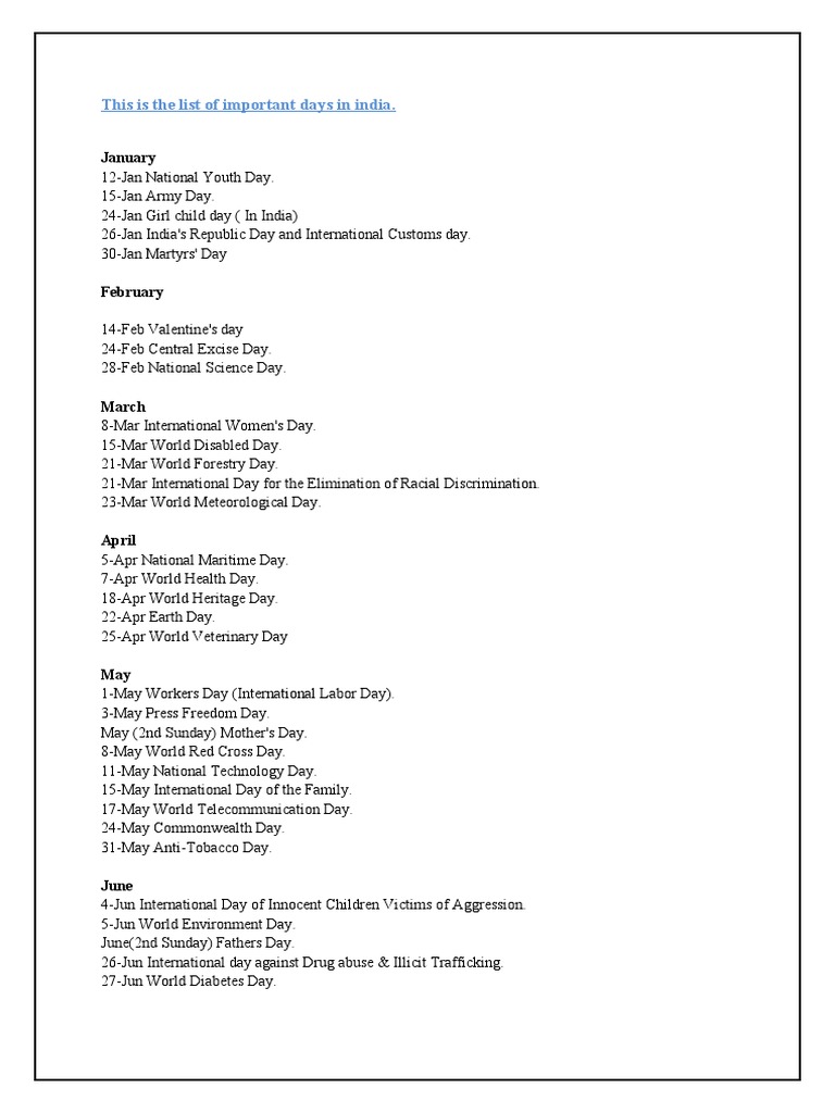 List of Important Days in India PDF