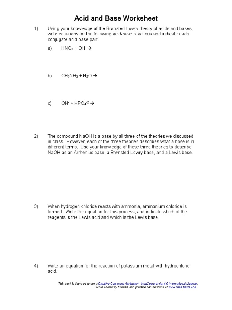 worksheet Reactions Of Acids And Bases Worksheet acid and base worksheet molecular physics