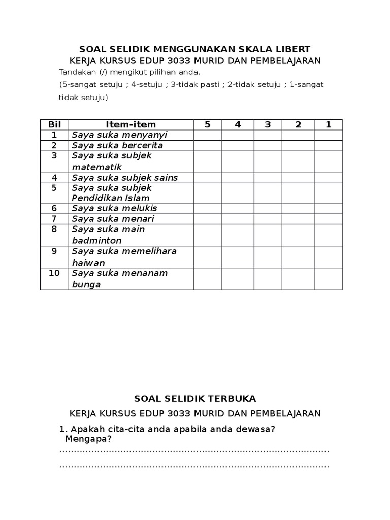 Soal Selidik Menggunakan Skala Likert