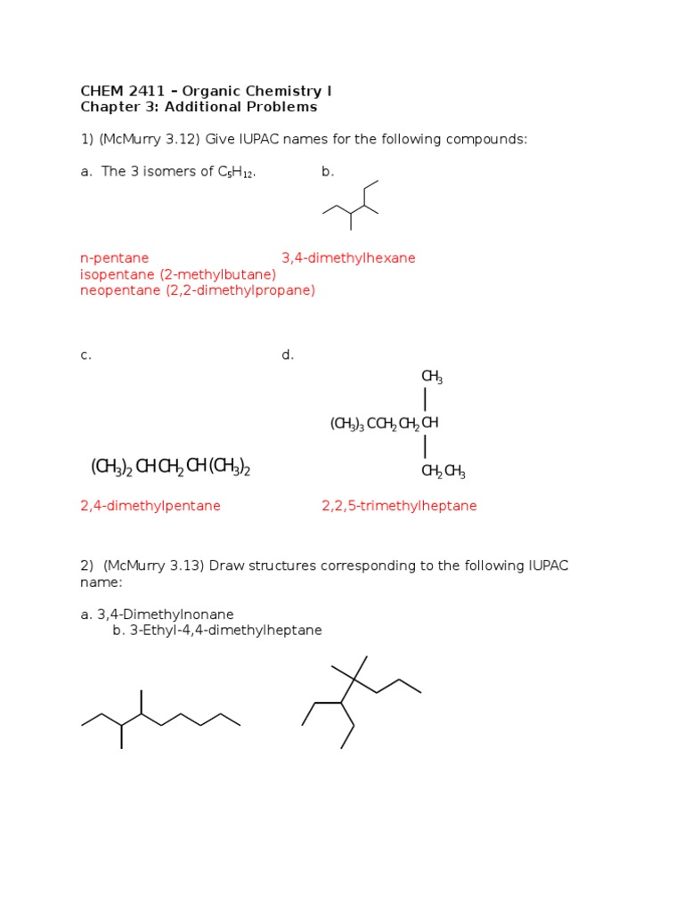 Chem 2411 Hw Ch 3 Extra Problem Set Solutions Organic