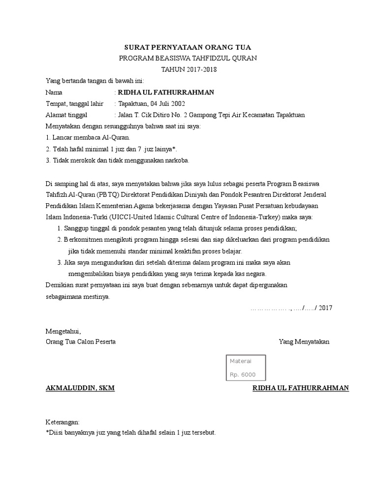 Surat Pernyataan Orang Tua