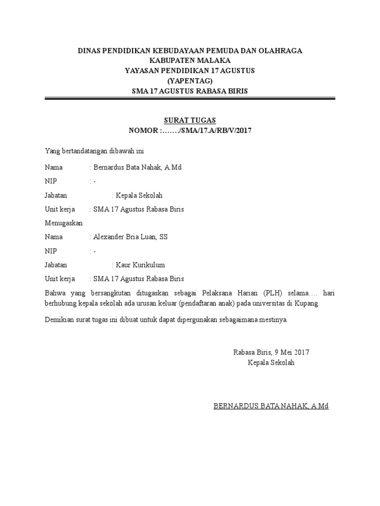 Surat Tugas Kepala Sekolah Docx