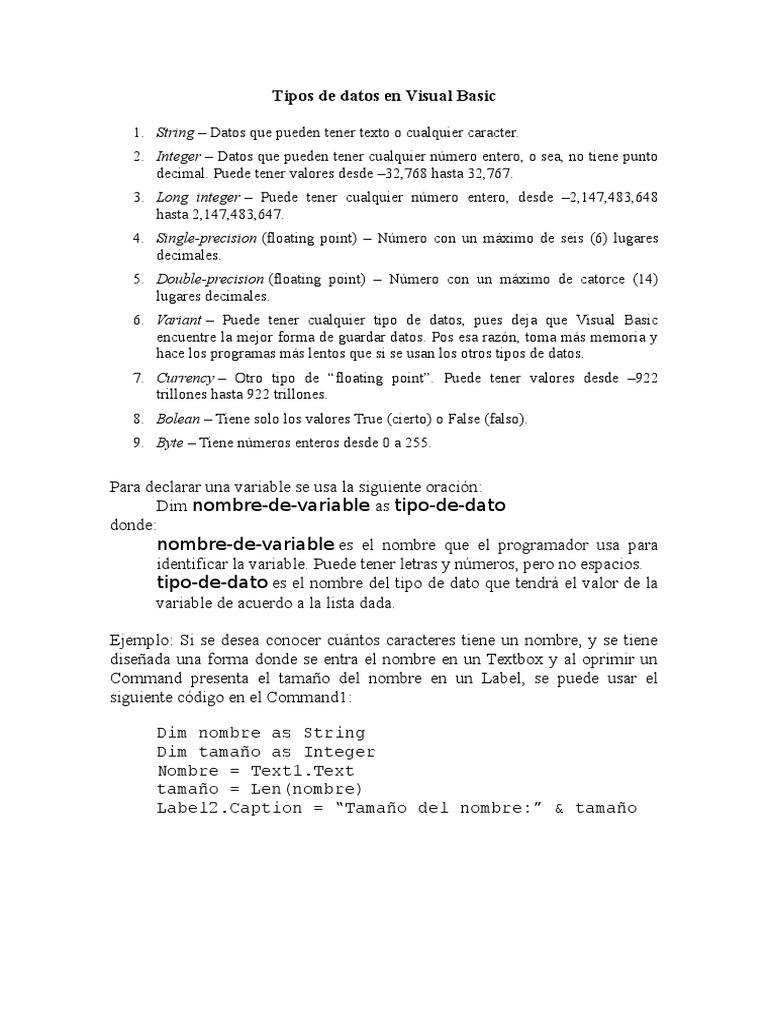 Tipos de Datos en Visual Basic PDF Tipo de datos Básico