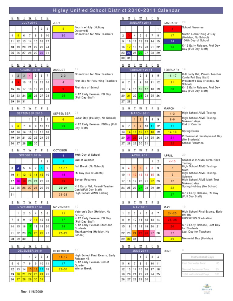 Higley 20102011 District Calendar PDF Academic Term Holidays