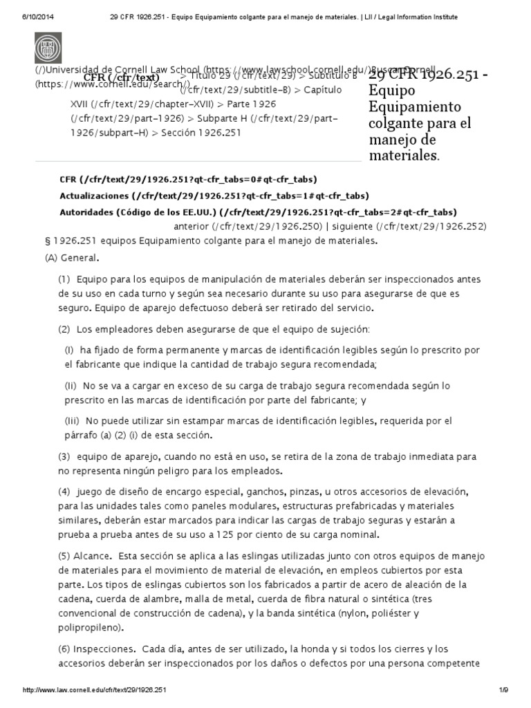 29 CFR 1926.251 - Equipo Equipamiento Colgante para El Manejo de ...
