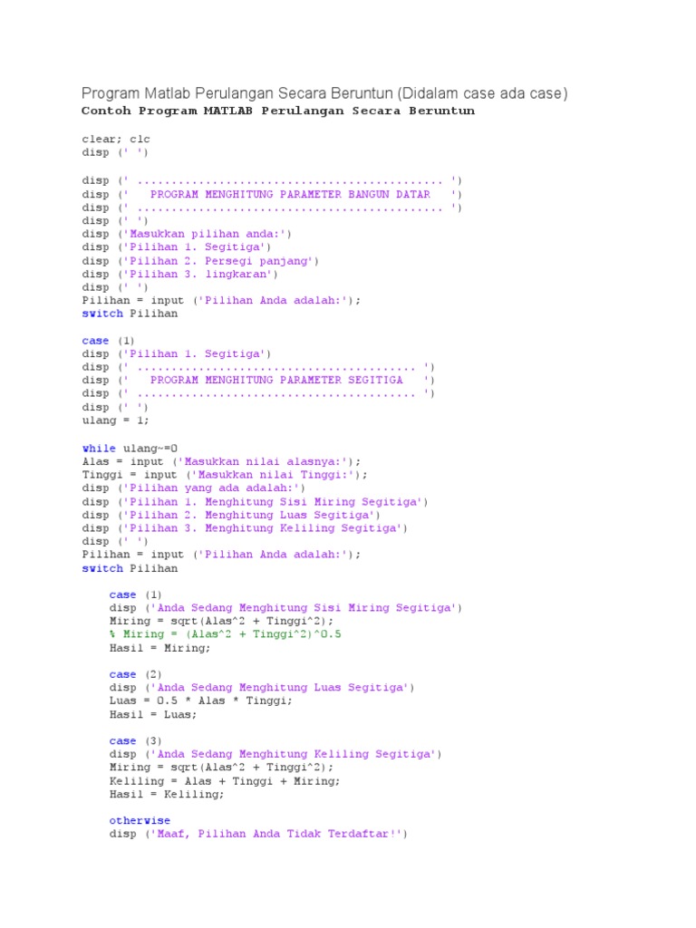 Program Matlab Perulangan Secara Beruntun