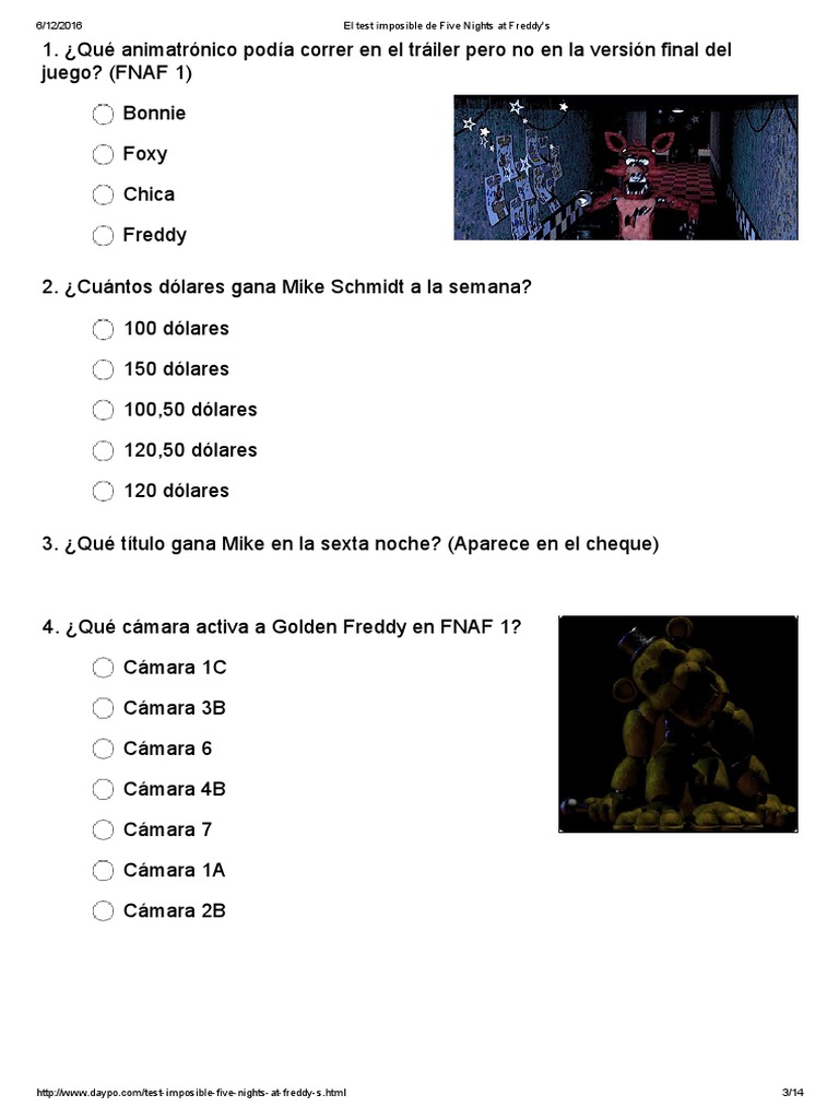 Quiz de FNAF 1, 2, 3, 4 y SL (¿Dificil?)