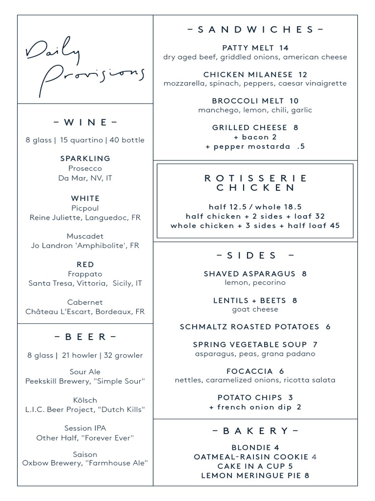 Daily Provisions Dinner Menu PDF Food And Drink Preparation Foods