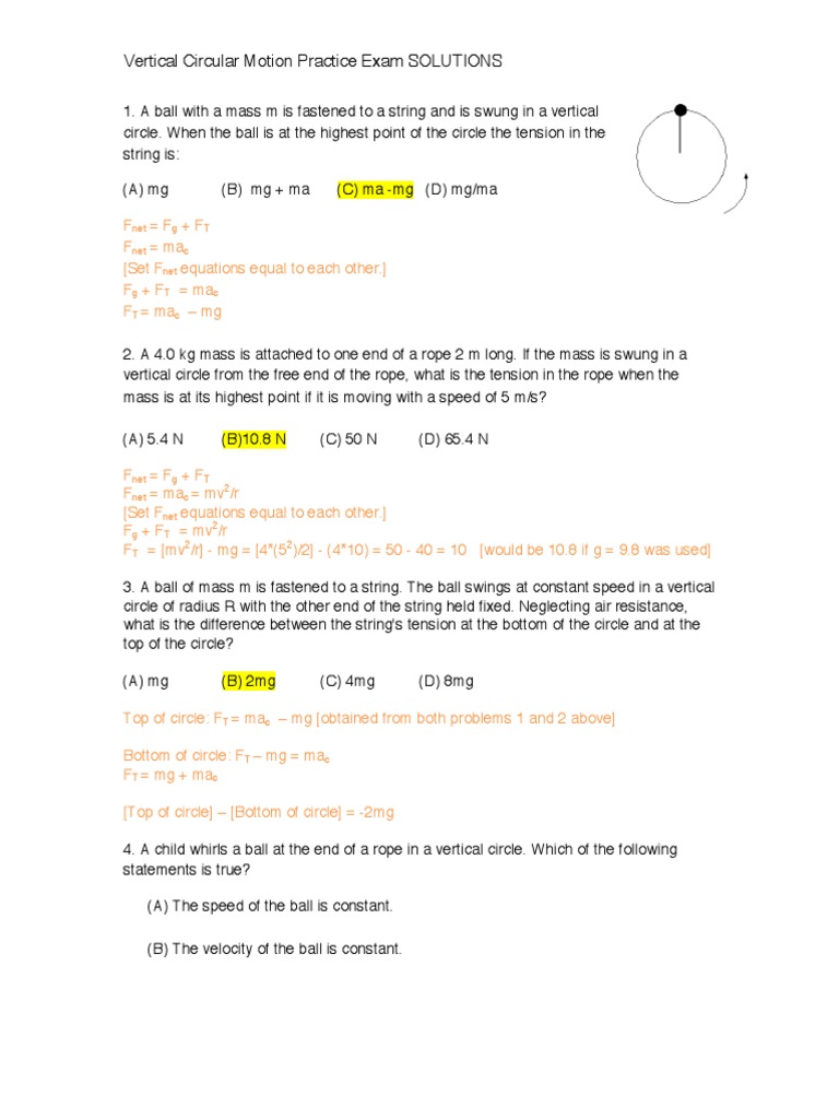 Vertical Circular Motion Exam Solutions | PDF | Tension (Physics ...