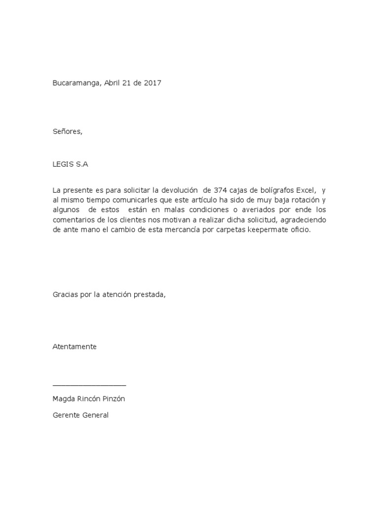 Carta Devolucion Mercancia PDF