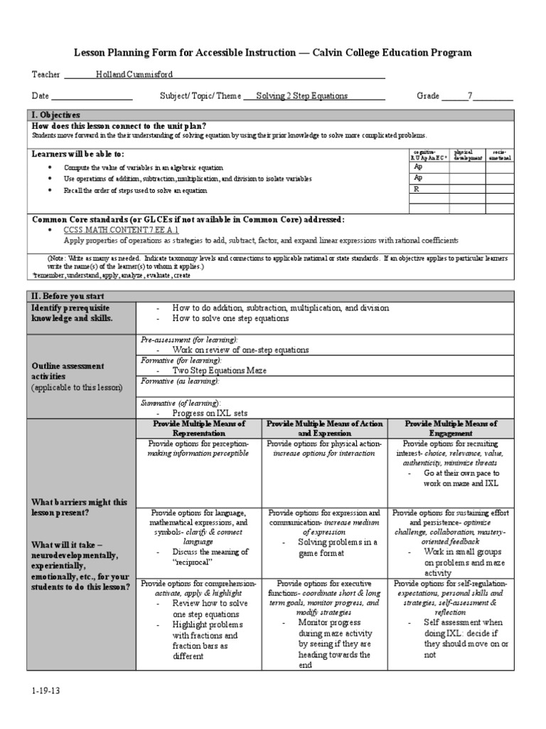 Solving Two Step Lesson Plan PDF Multiplication Equations