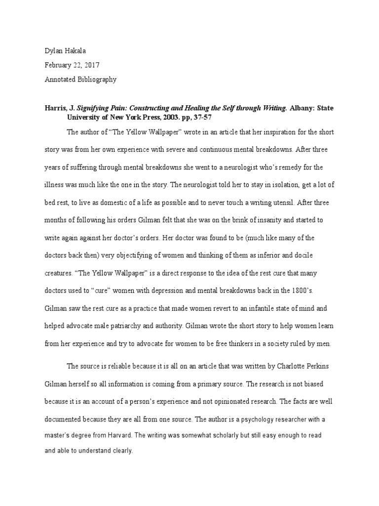 Annotated Bibliography Download Free PDF The Yellow Wallpaper