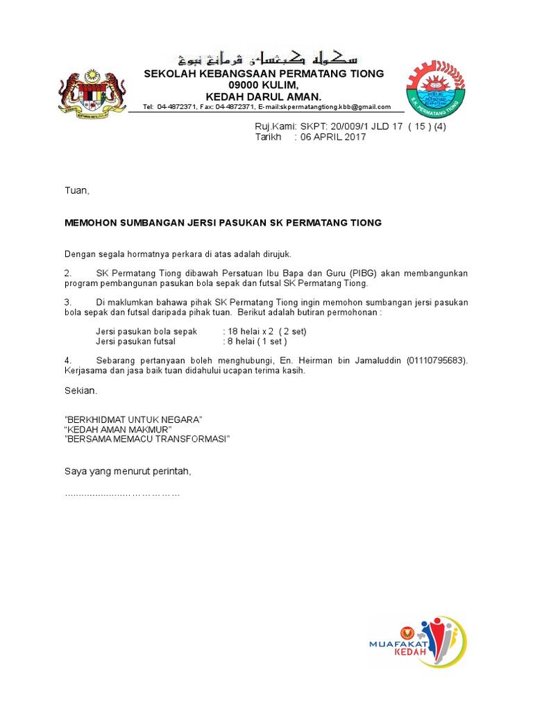 Contoh Surat Memohon Sumbangan Jersi