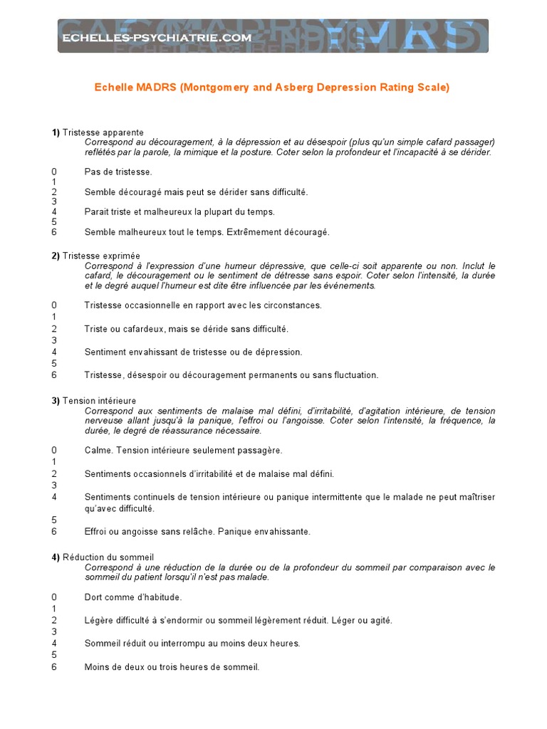 Échelle MADRS : Évaluation de la dépression | PDF | Suicide ...