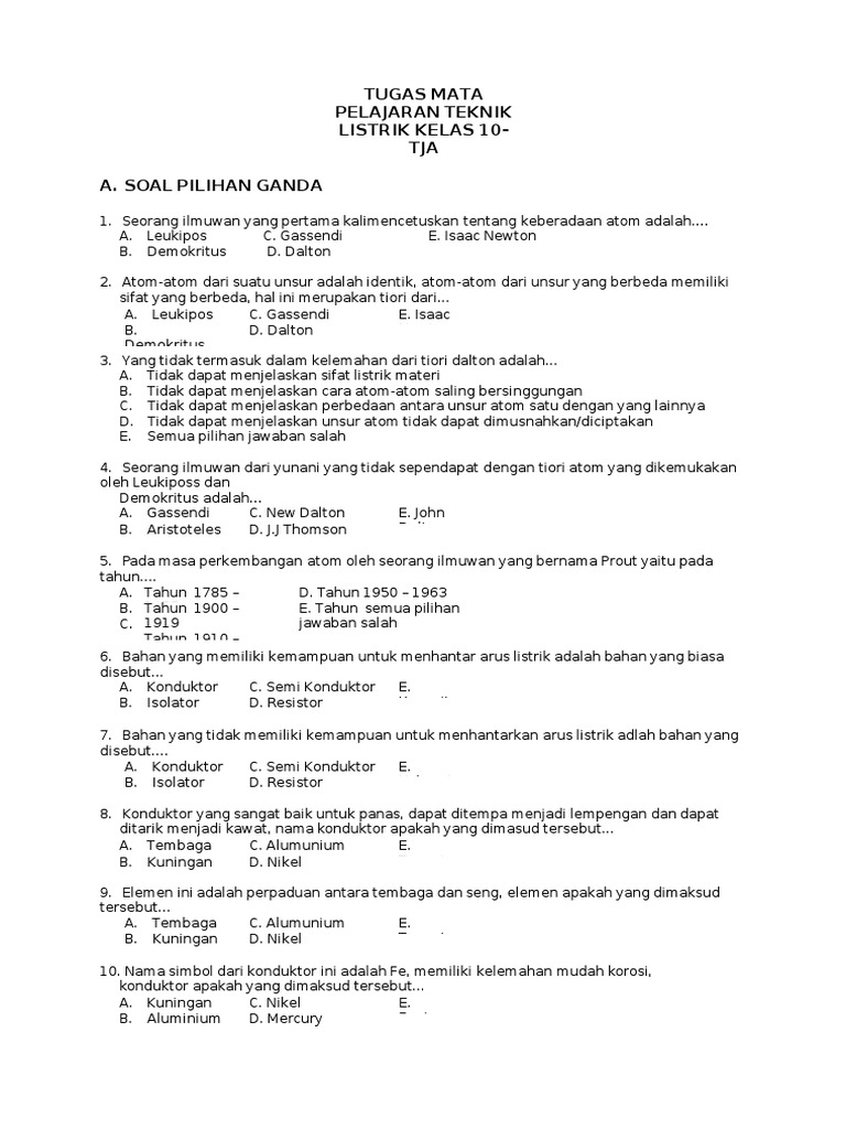 Soal Pilihan Ganda Pekerjaan Dasar Elektromekanik Beserta