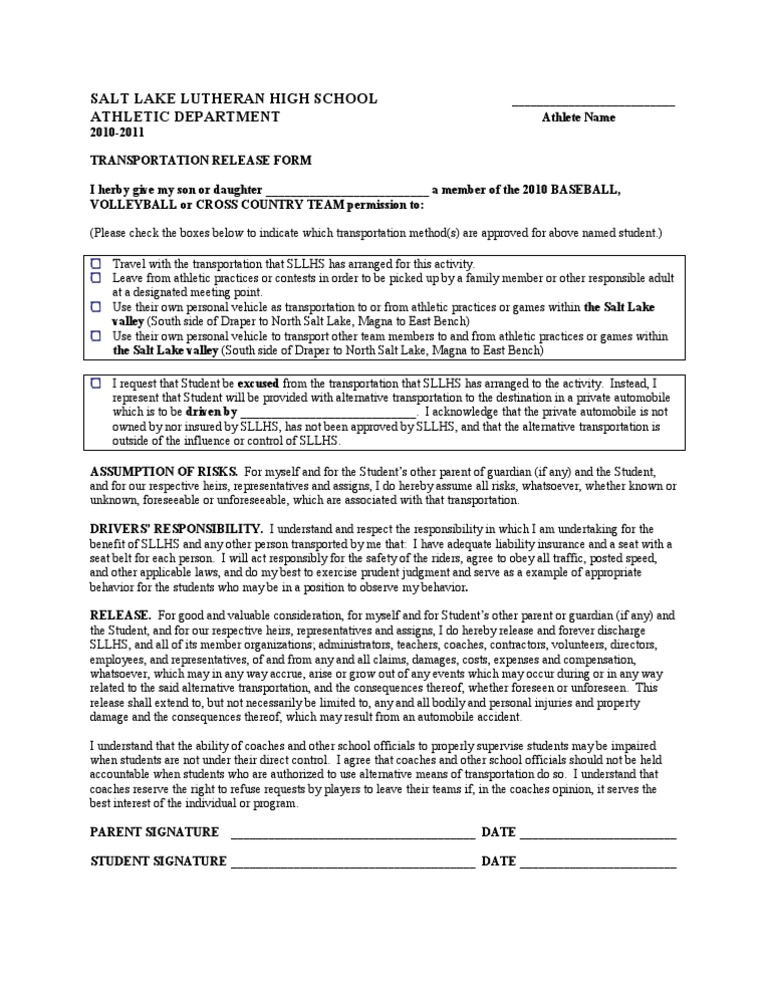 Transportation Release Form PDF Virtue Government