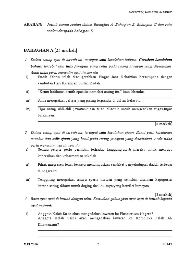 Kertas Peperiksaan Penggal 1 Bahasa Melayu Tingkatan 2 