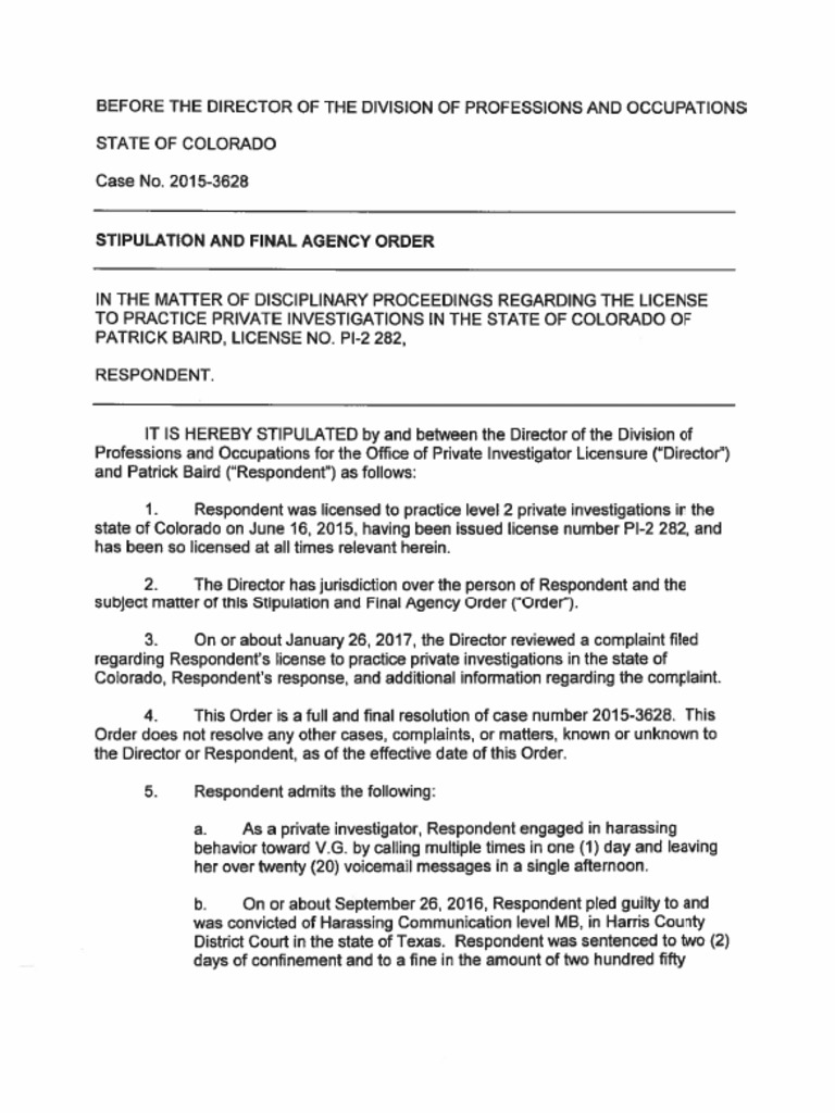 Patrick Baird PDJ Services Disciplinary Action Colorado Licensing and