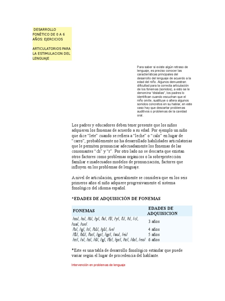 Ejercicios Fonoarticulatorios para Niños | PDF | Fonema | Patología del ...