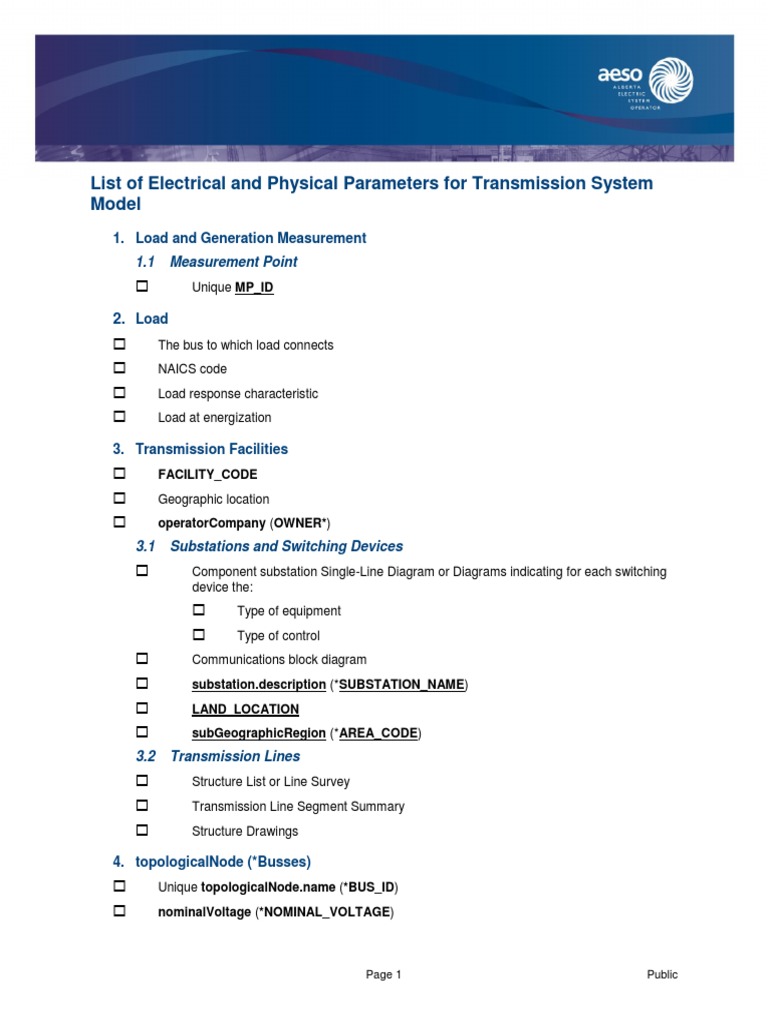 List of Electrical and Physical Parameters For Transmission System ...